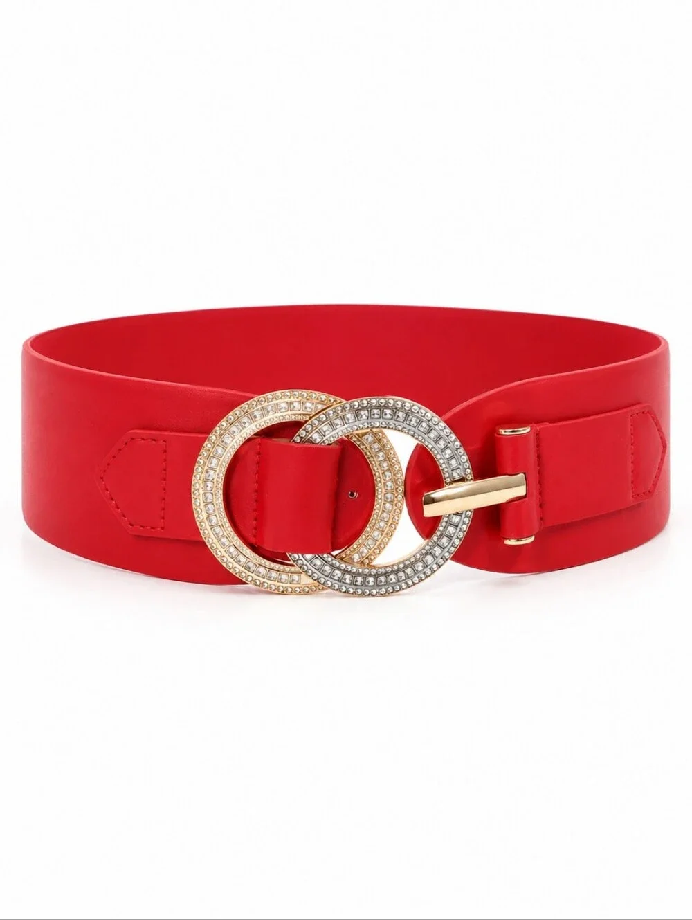 INC Red Wide Women's Stretch Belt with Crystal Interlocking Buckle Large-XL NEW